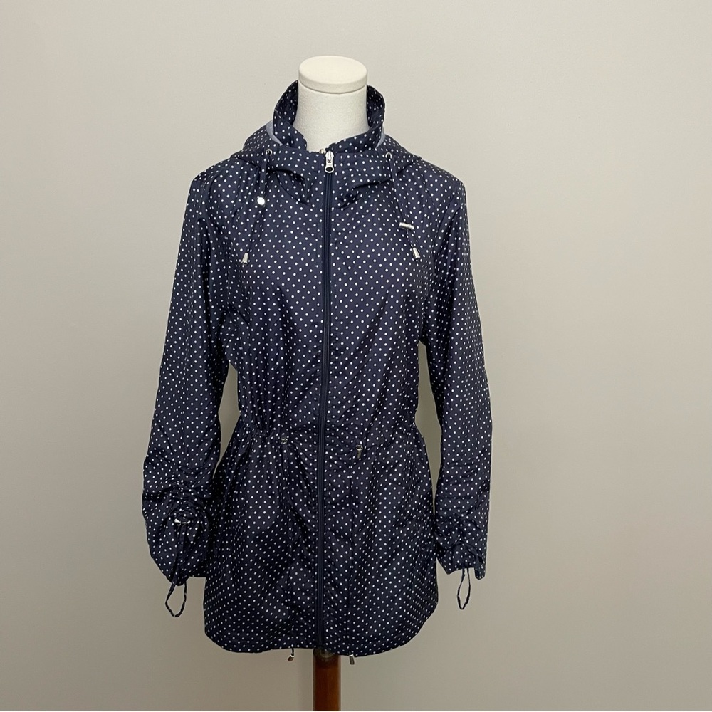 Jones New York Jacket Hooded Lightweight Packable Pockets Travel Polka Dots Blue
